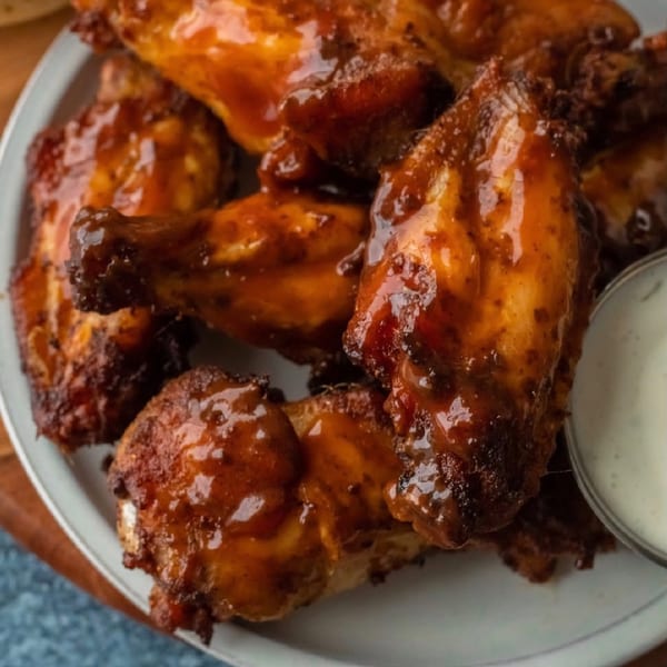 BBQ glazed chicken wings with ranch dipping sauce